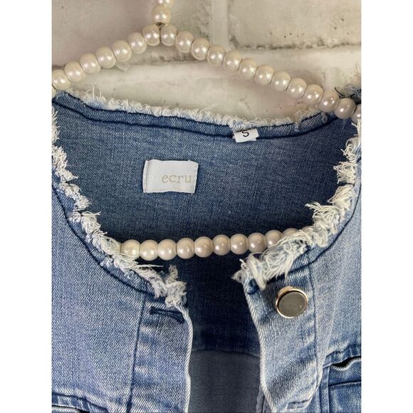 ecru Frayed-Trim Blue Denim Jacket Women’s Size Small - Picture 5 of 6